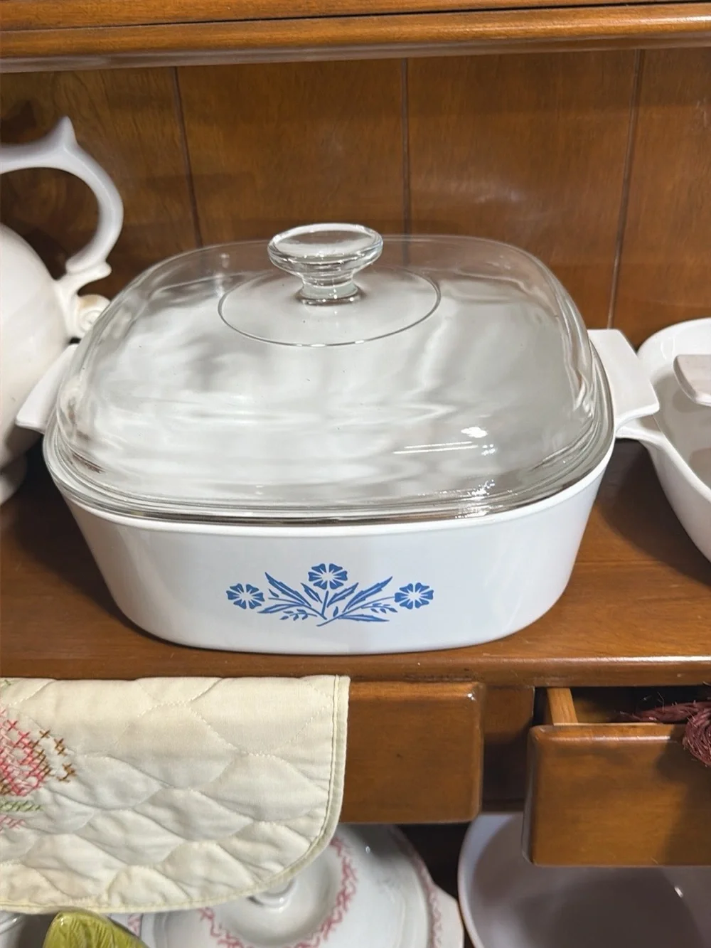 Corningware White Casserole with Blue Floral Design and Glass Lid